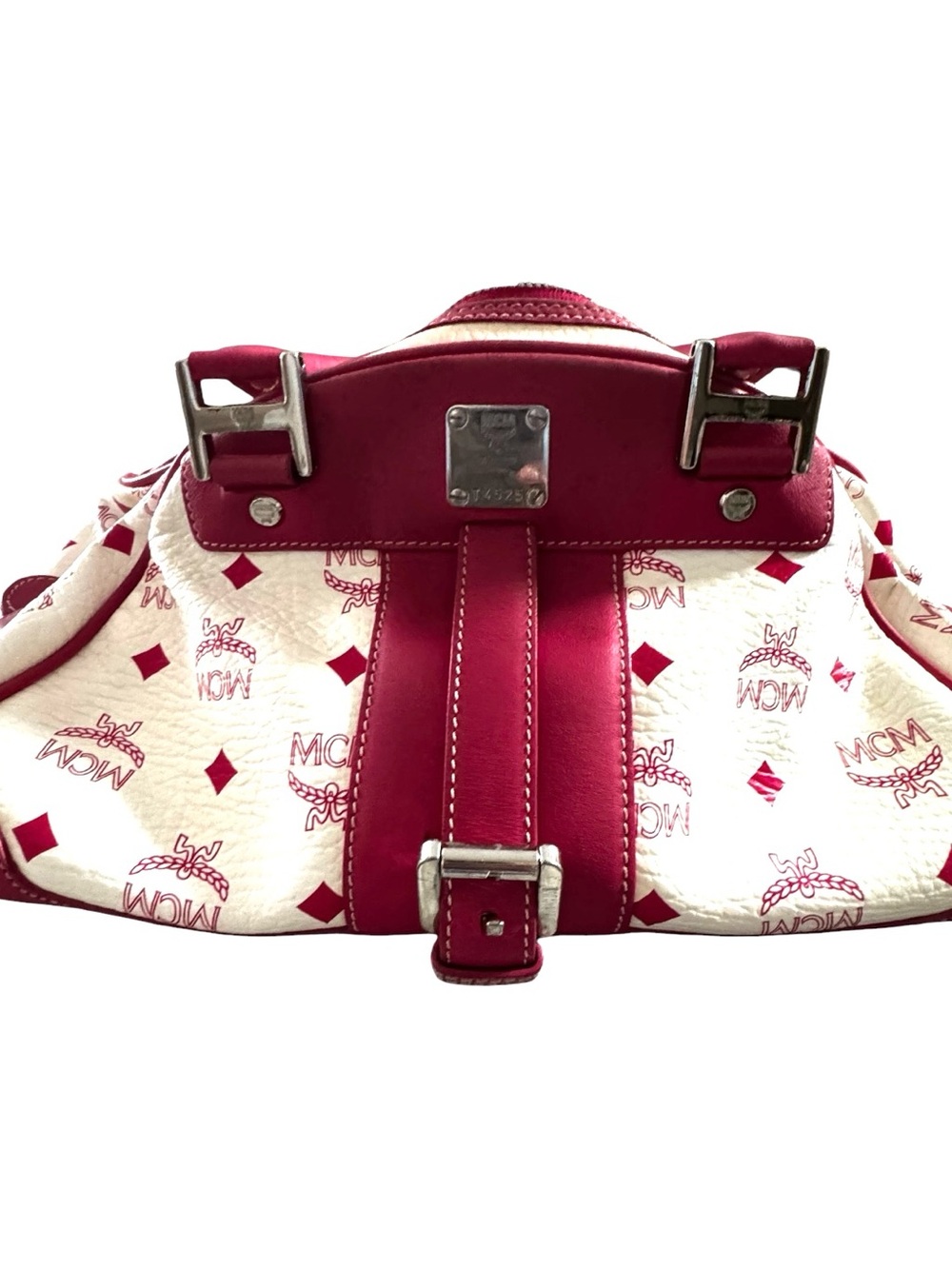 MCM White & Pink  Logo Leather Shoulder Bag with Silver Hardware